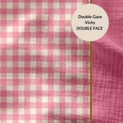 Tissu Double gaze Carreaux Vichy Rose - Par 10 cm