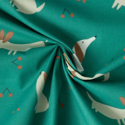 Tissu Coton imprimé Dowe chiens et cerises sur fond Vert foncé - Par Coupon de 3m