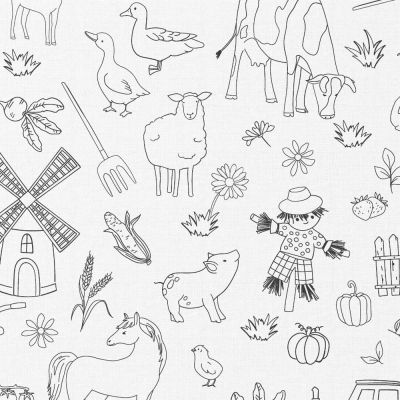 Tissu Coton à colorier Arty La ferme sur fond Blanc - Par 10 cm