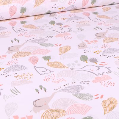 Tissu Coton imprimé Arty Eléphant aqua sur fond Blanc - Par 10 cm