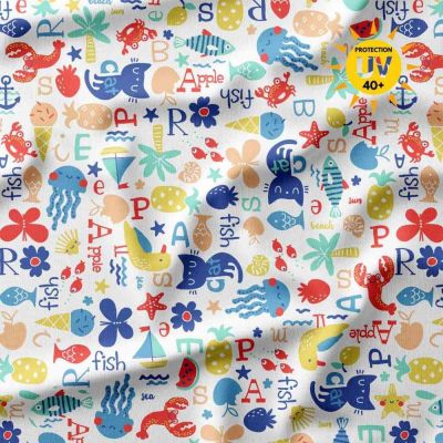 Tissu Lycra maillot de bain anti UV marin Oceaby sur fond Blanc - Par 10 cm