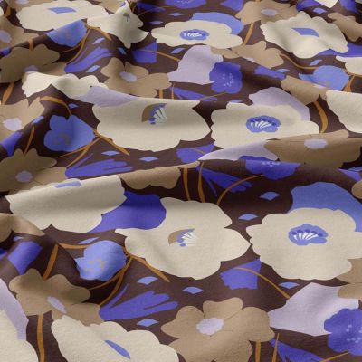 Tissu Viscose imprimé Georgina fleuris sur fond Marron chocolat - Par 10 cm