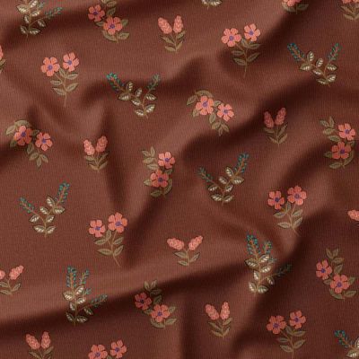 Tissu Velours milleraies imprimé Insano Fleuris sur fond Marron - Par 10 cm