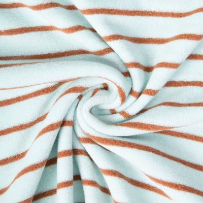 Tissu Jersey Eponge rayures Caramel sur fond Bleu céladon - Par 10 cm