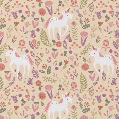 Tissu Coton imprimé Arty Jolicorn licorne sur fond Rose pâle - Par 10 cm