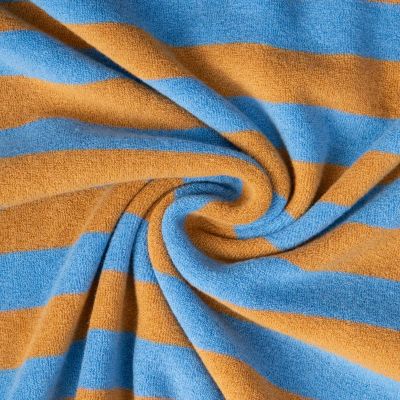 Tissu Jersey Eponge rayures Vert olive sur fond Bleu jean - Par 10 cm