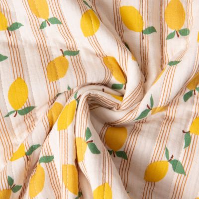Tissu Double gaze de Coton Matelassé Citrons réversible rayé sur fond Ecru - Par 10 cm