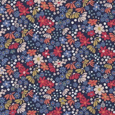 Tissu Coton imprimé Arty Maria Fleuris sur fond Bleu marine - Par 10 cm