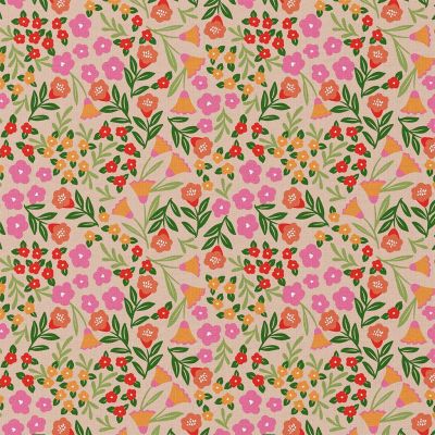 Tissu Coton enduit Martine Fleuris sur fond Rose saumon - Par 10 cm