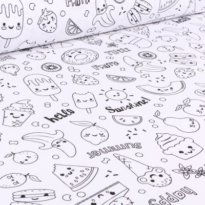 Tissu Coton à colorier Miam sur fond Blanc - Par 10 cm