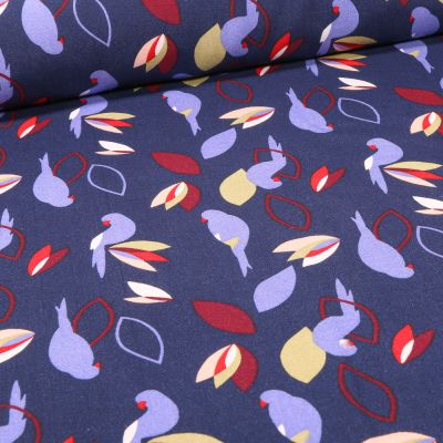 Tissu Viscose Arty Perruches sur fond Bleu nuit - Par 10 cm