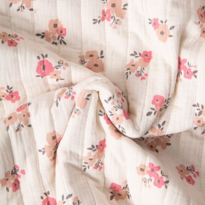 Tissu Double gaze de Coton Matelassé réversible Fleuris Molisa sur fond Ecru - Par 10 cm