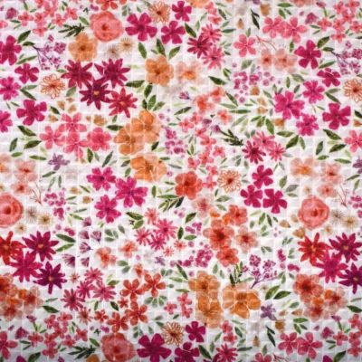 Tissu Nid d&#039;abeille fleurs Romane Rose sur fond Blanc - Par 10 cm