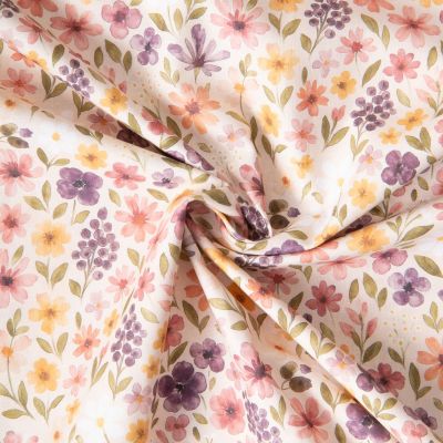 Tissu Coton imprimé digital Fleuris Rozena pastels sur fond Ecru - Par 10 cm