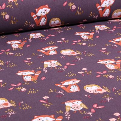 Tissu Coton imprimé Arty Sokidy Raton laveur Hibou sur fond Prune - par 10 cm