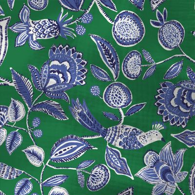 Tissu Double gaze Coton Vamy bleu et blanc sur fond Vert - Par 10 cm