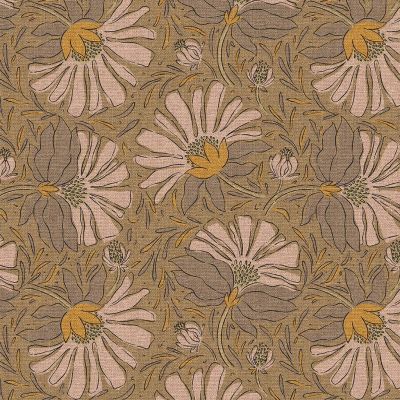 Tissu Coton demi natté Yoann fleuris sur fond Camel - Par 10 cm