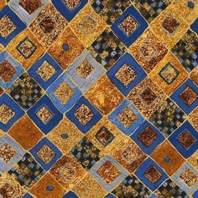 Tissu Coton Robert Kaufman Gustav Klimt losanges bleus sur fond Or - Par 10 cm
