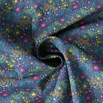 Tissu Coton imprimé  fleuris Dahlya sur fond Bleu nuit - Par 10 cm