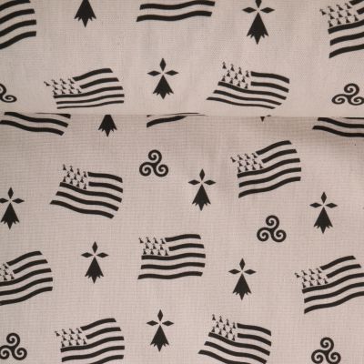 Tissu Toile de Coton aspect lin Symboles Breton sur fond Naturel - Par 10 cm