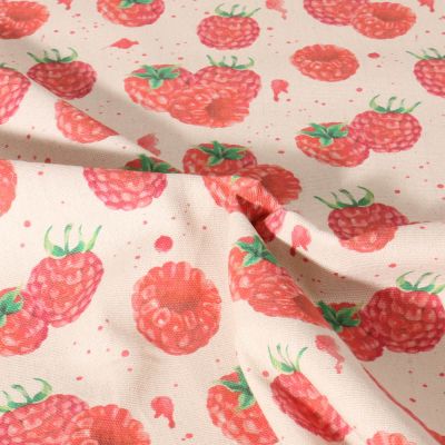 Tissu Toile de Coton aspect Lin Framboises rouges sur fond Naturel - Par 10 cm