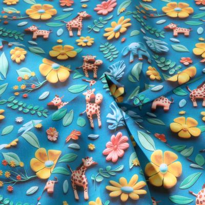 Tissu Coton imprimé digital Happy animaux sur fond Bleu pétrole - Par 10 cm