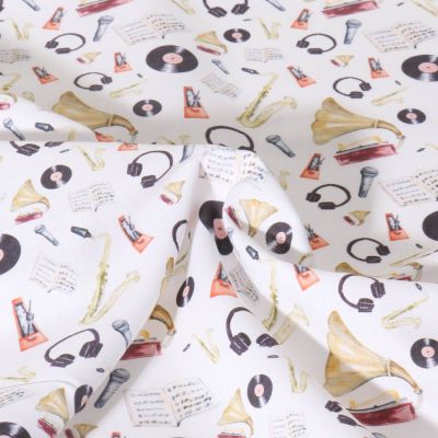 Tissu Coton imprimé Melo instruments musique vintage sur fond Blanc - Par 10 cm