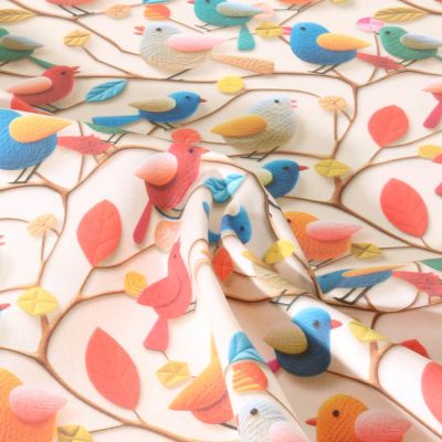 Tissu Coton imprimé digital Aube animaux sur fond Orange - Par 10 cm