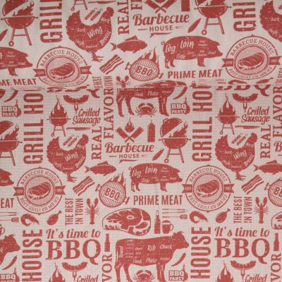 Tissu Toile de Coton aspect lin Barbecue Time sur fond Naturel - Par 10 cm