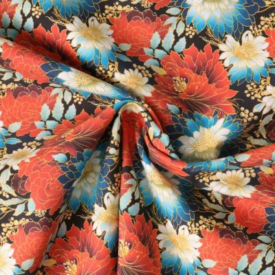 Tissu Coton imprimé  Hanakuro fleurs Rouges sur fond Noir profond - Par 10 cm