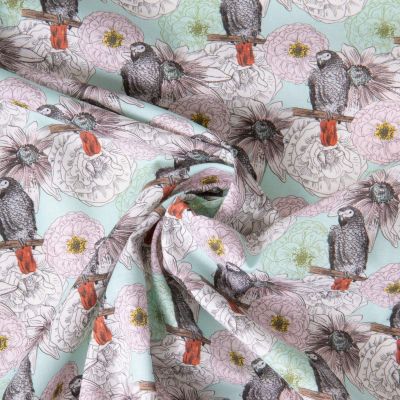 Tissu Coton imprimé Perroquet flower sur fond Vert menthe - Par 10 cm
