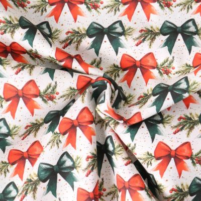 Tissu Coton imprimé Norélia grands nœuds décoratifs sur fond Blanc cassé - Par 10 cm