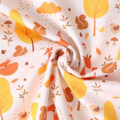 Tissu Coton imprimé  Sylvani animaux en automne sur fond Crème - Par 10 cm