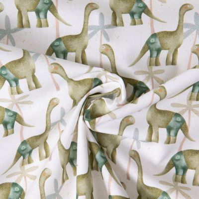 Tissu Coton imprimé Dino short sur fond Blanc - Par 10 cm