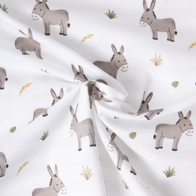 Tissu Coton imprimé enfants Anes sur fond Blanc - Par 10 cm