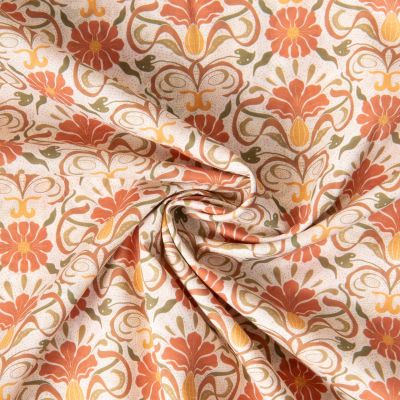 Tissu Batiste de Coton Ava fleurs rétro Terracota sur fond Beige - Par 10 cm