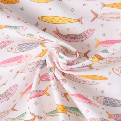 Tissu Coton imprimé Sardines sur fond Blanc - Par 10 cm