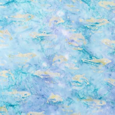Tissu Batik Dauphins jaune clair sur fond Turquoise et parme - Par 10 cm