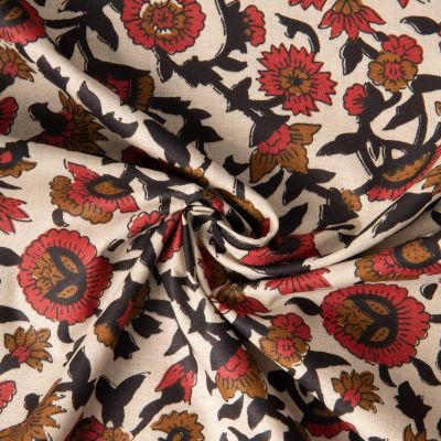 Tissu Voile de Coton indien Block print Fleuris rouge et noir sur fond Naturel - Par 10 cm
