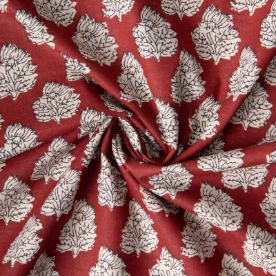 Tissu Voile de Coton indien Block print Fleuris écru sur fond Terracotta - Par 10 cm