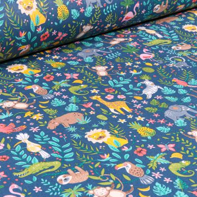 Tissu Coton sergé Arty Happy Jungle sur fond Bleu marine - Par 10 cm