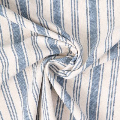 Tissu Coton d&#039;ameublement Eugene Rayures Bleu denim sur fond Naturel - Par 10 cm