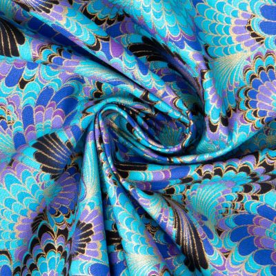 Tissu Coton imprimé Foil Arty Osaka éventails paon sur fond Bleu turquoise - Par 10 cm