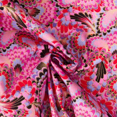 Tissu Coton imprimé Foil Arty Osaka éventails paon sur fond Rose - Par 10 cm