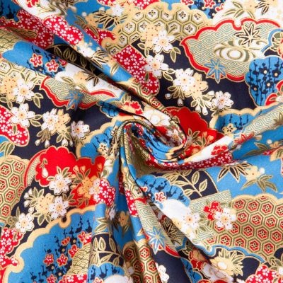 Tissu Coton imprimé Foil Arty Hokkaido motifs traditionnel sur fond Bleu ciel - Par 10 cm