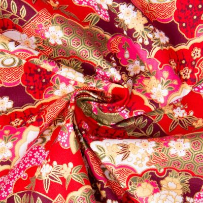 Tissu Coton imprimé Foil Arty Hokkaido motifs traditionnel sur fond Rouge - Par 10 cm