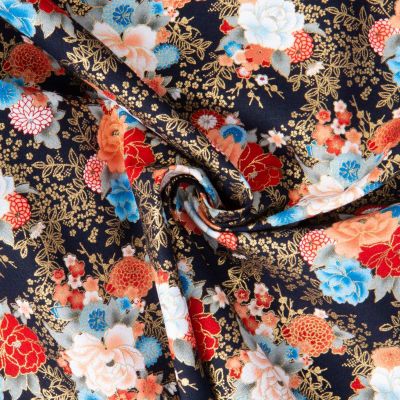 Tissu Coton imprimé Foil Arty Nara fleurs traditionnelle sur fond Noir - Par 10 cm