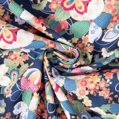 Tissu Coton imprimé Foil Arty Kyoto fleurs cerisiers sur fond Bleu nuit - Par 10 cm