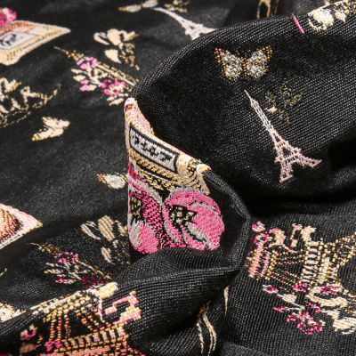 Tissu Jacquard Paris et Tour Eiffel sur fond Noir - Par 10 cm