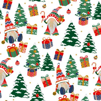 Tissu Coton imprimé Gnomes de Noël sur fond Blanc - Par 10 cm